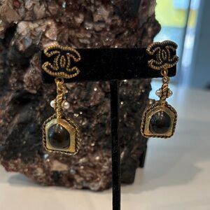 CHANEL Gold and Black CC Drop Earrings with Black Cabochons